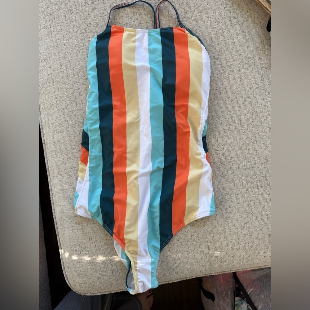 Striped one piece bathing suit with adjustable tie back XL